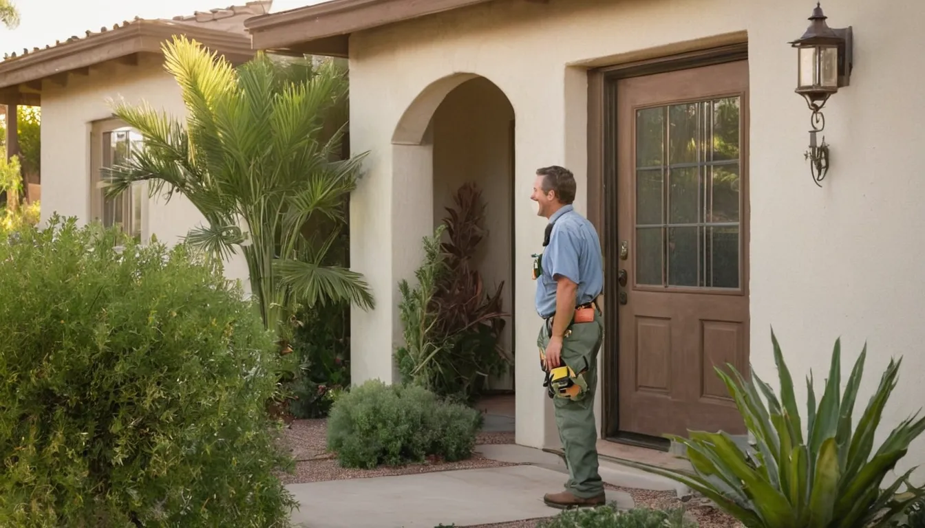 A friendly provider talking with a homeowner outside a stucco ranch home in Chula Vista