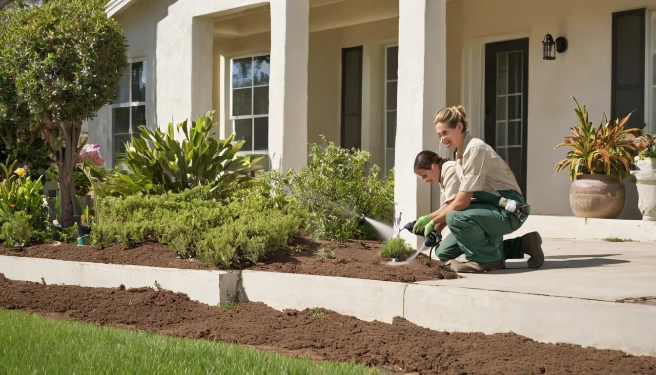 A friendly pest control provider talking with a homeowner at the front door of a stucco ranch home in Chula Vista